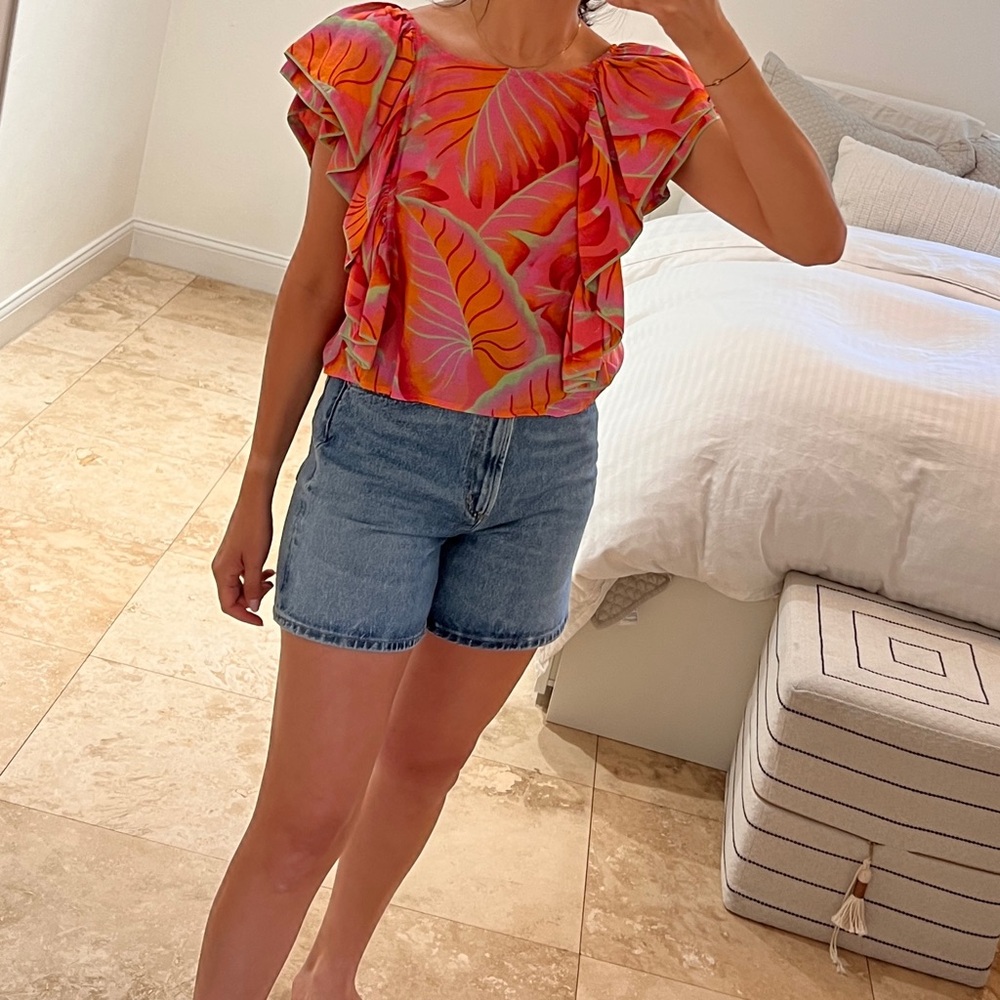 Farm Rio Tropical Leaf Print Ruffle Top - Picture 2 of 4